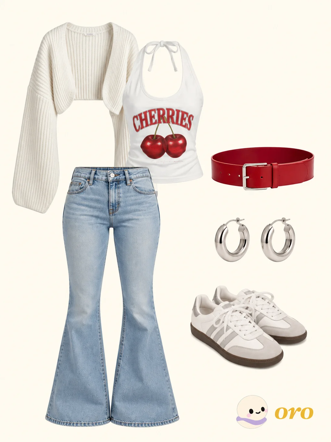 Outfit collage with a cream cardigan, cherry-print top, flared jeans, red belt, silver hoops, and white sneakers