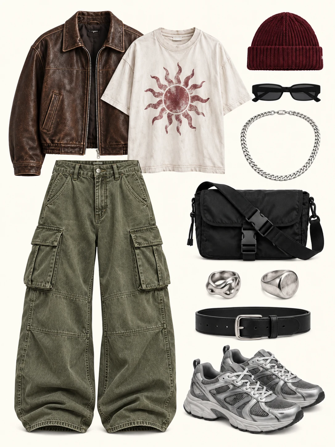 the same layered streetwear look and accessories, with olive cargos replacing the jeans