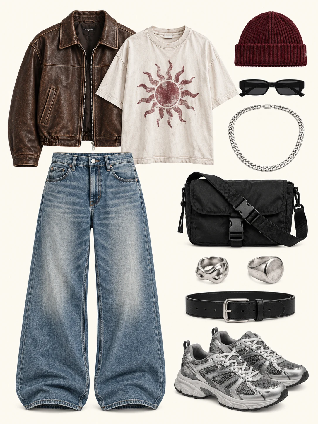 men’s streetwear look with a brown leather jacket, graphic tee, baggy jeans, silver sneakers, burgundy beanie, crossbody bag, sunglasses, belt, and silver jewelry