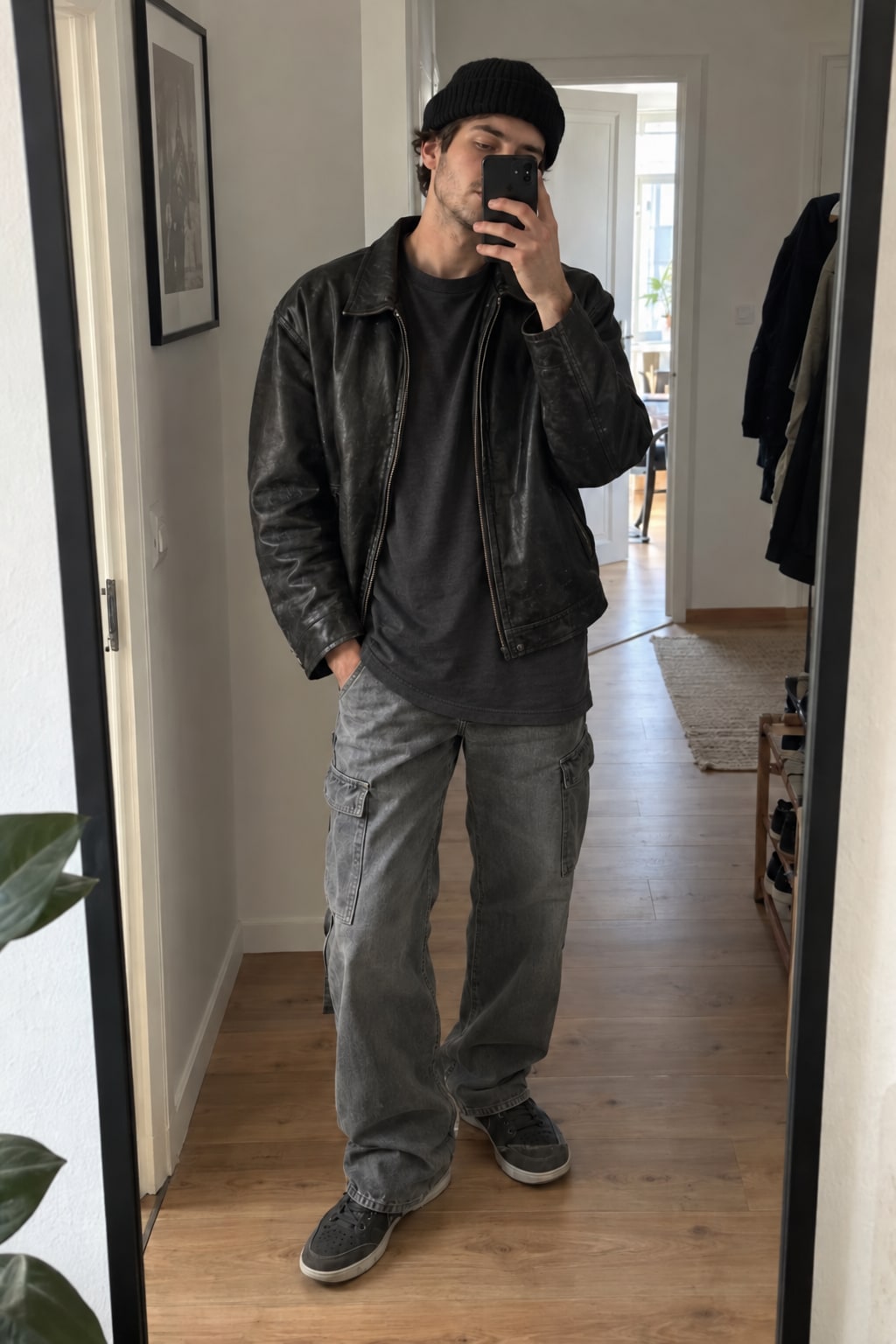 men’s outfit with a black leather jacket, washed grey cargo jeans, black knit beanie, and dark sneakers